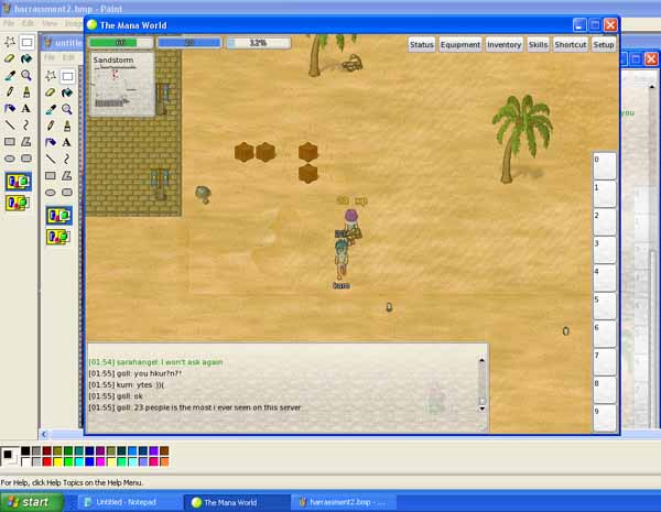 Here is a shot of him coming up when I was almost finished killing a scorpion taking the last hit at him for 23 points and leeching all the experience from me