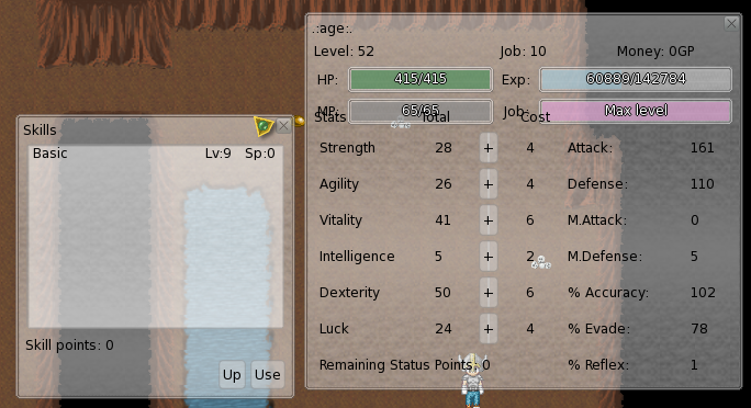 Notice the Job level on the Status pane and the level and skill points on the skills pane.