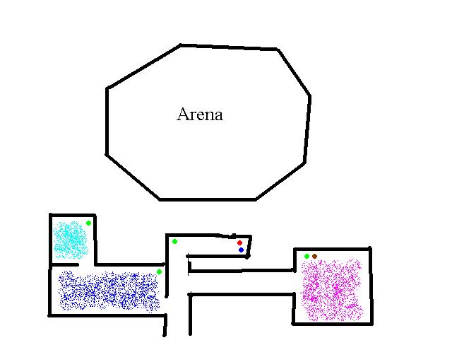 Key to Map (attached)<br />+Arena = the arena<br />+Area sprayed in light blue = NPCs that sell goods<br />+Area sprayed in dark blue = Is where players can trade and chat<br />+Area sprayed in purple = Is a training area, could have scorpions and bats.<br /><br />+Green Dots = NPCs that give info on surrounding area<br />+Brown Dot = Possible Quest giver?<br />+Blue Dot = A soul thing that brings you back to life<br />+Red Dot = Guy that teleports you to the arena (like the girl and the snow area)
